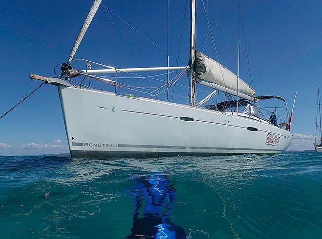 Looking back at Biddy Hu II on anchor at Fitzroy Reef - note the flippers in the foreground. © Paul Lindemann