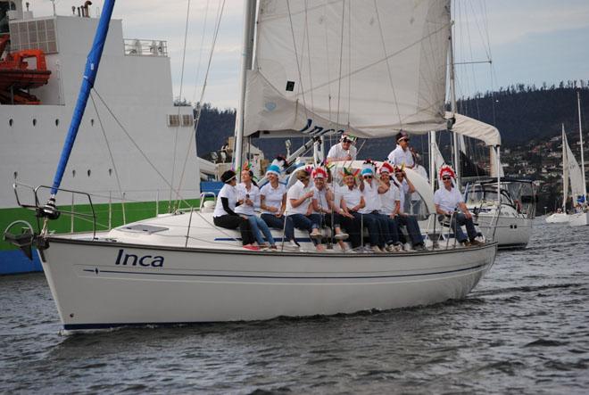 The crew of Inca wore South American head dresses as they saluted the Lieutenant Governor of Tasmania,  Alan Blow,  at the Opening Day Sail Past. © Peter Campbell