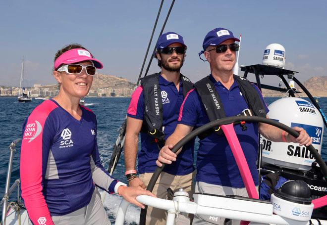 Volvo Ocean 2014-15 Inport Race in Alicante with Prince Carl Philip of Sweden, Jan Johansson CEO SCA and Johan Heden, friend of SCA onboard. © Rick Tomlinson / Team SCA