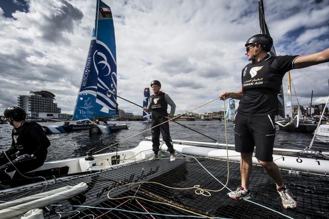 The Extreme Sailing Series 2014 Act 5, Cardiff, Wales. Oman Air skippered Rob Greenhalgh (GBR) with Headsail Trimmer Kyle Langford (AUS), Trimmer Tom Johnson (AUS), Bowman Hashim Al Rashdi (OMA) and Bowman Musab Al Hadi (OMA)  © Mark Lloyd http://www.lloyd-images.com