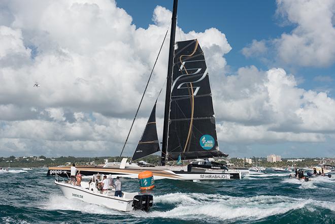 Yann Guichard and Spindrift 2 at the arrival of the Route du Rhum 2014 in Pointe-à-Pitre, Guadeloupe, France. © Chris Schmid
