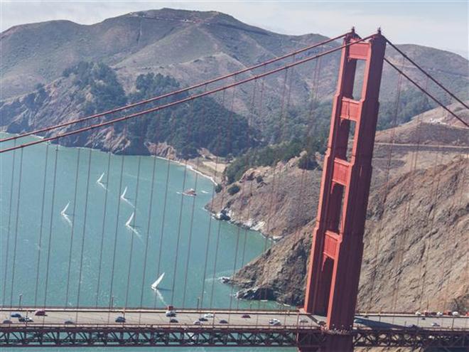 Competitors sailing near the Golden Gate Bridge ©  Rolex/Daniel Forster http://www.regattanews.com