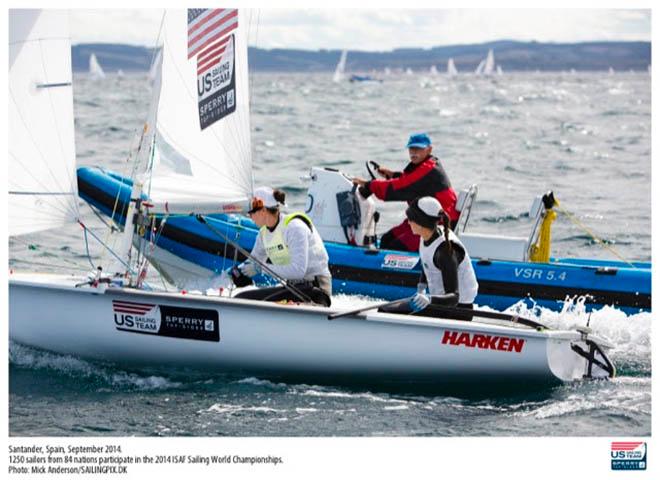 US Olympic reps Annie Haeger and Briana Provancha, 470, with coach Dave Ullman, a former multiple 470 world champion. © Mick Anderson / Sailingpix.dk http://sailingpix.photoshelter.com/