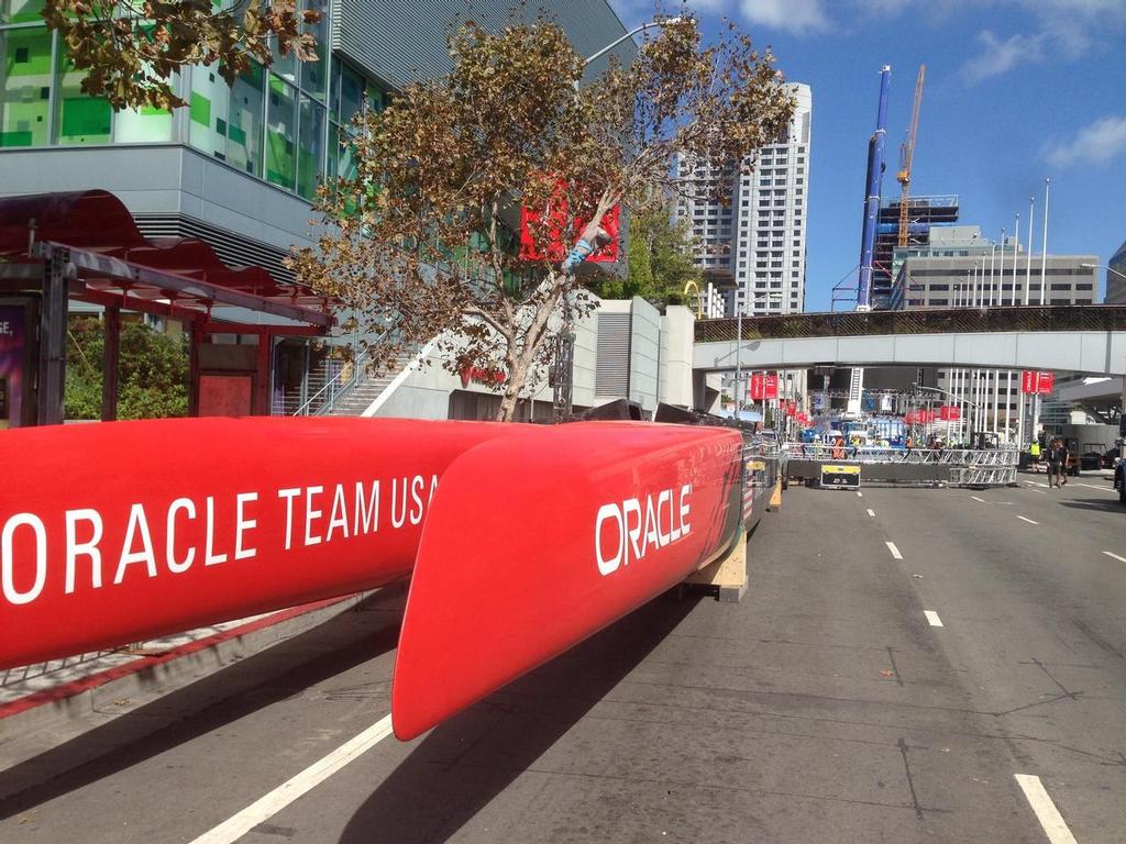 The AC72 that Oracle Team USA raced to victory in the America's Cup last September is on the move, heading for downtown San Francisco where it will be part of Oracle OpenWorld 2014. Photo by John von Seeburg. © Oracle Team USA http://www.oracleteamusa.com
