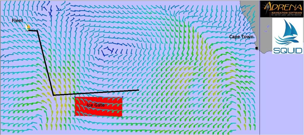 The Fleet, the ice gate and Cape town. With a rough outline of the fleets routes over the next few days - Volvo Ocean Race 2014-15. © Henry Bomby