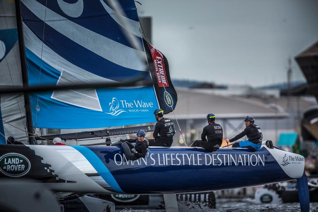 The Extreme Sailing. Act 5. Cardiff. Wales.<br />
The Wave, Muscat. Skippered by Leigh McMillan (GBR) with tactician Sarah Ayton (GBR), trimer Peter Greenhalgh (GBR), headsail trimer Kinley Fowler (NZL) and bowman Nasser Al Mashari (OMA)<br />
 © Lloyd Images/Extreme Sailing Series
