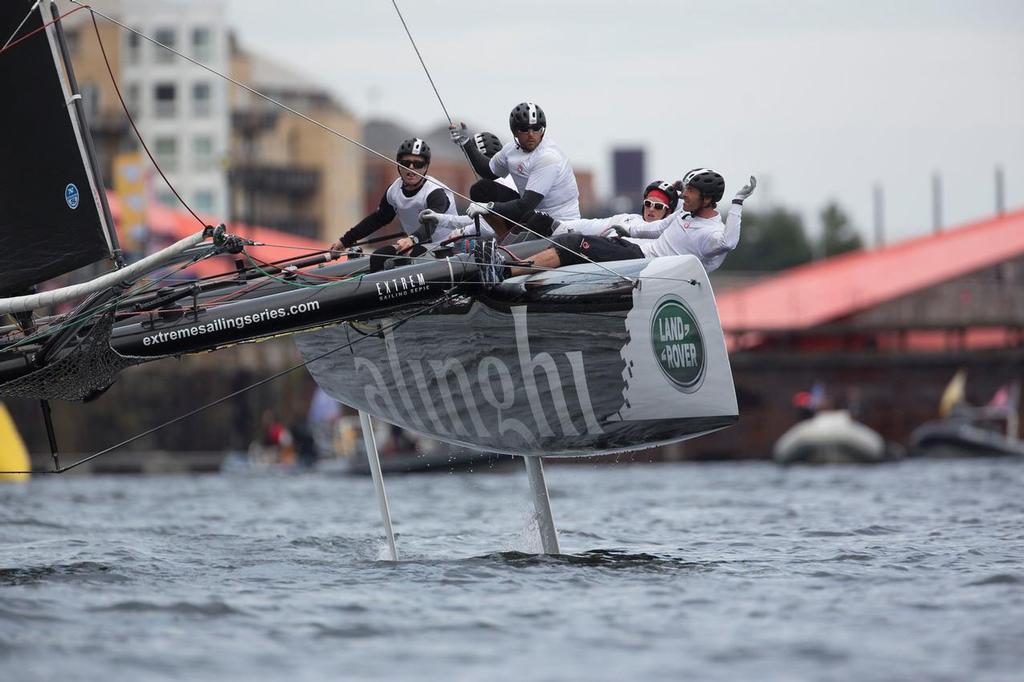 The Extreme Sailing. Act 5. Cardiff. Wales. 
Alinghi (SUI), Skipppered by Morgan Larson (USA) with Tactician Anna Tunnicliffe, Mainsail Trimmer Pierre-Yvew Jorand (SUI), Headsail Trimmer Nils Frei (SUI) and Bowman Yves Detrey (SUI) 
Credit - Lloyd Images photo copyright Lloyd Images/Extreme Sailing Series taken at  and featuring the  class