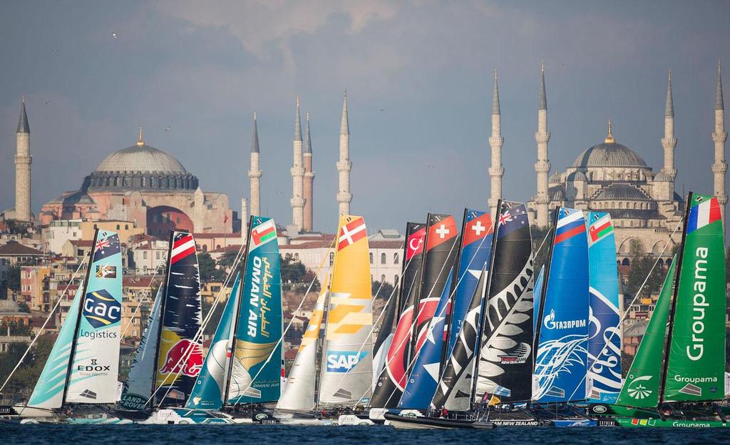 2014 Extreme Sailing Series, Act 6 - The 12 Extreme 40s line up on the start-line against the iconic Istanbul backdrop. © Lloyd Images/Extreme Sailing Series