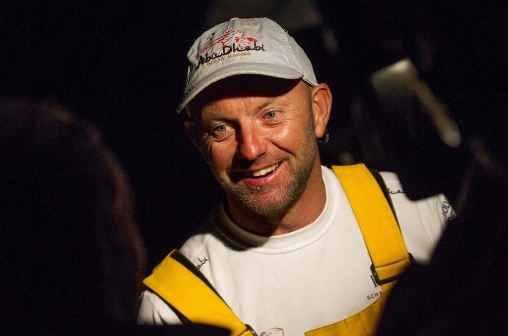 Ian Walker, skipper of Abu Dhabi Ocean Racing's Azzam talks to media after crossing the finish line off the Royal Yacht Squadron, Cowes at 22.20.28 BST on Friday 15th August with an elapsed time of 4 days, 13 hours, 10 minutes, 28 seconds. ©  Ian Roman / Abu Dhabi Ocean Racing