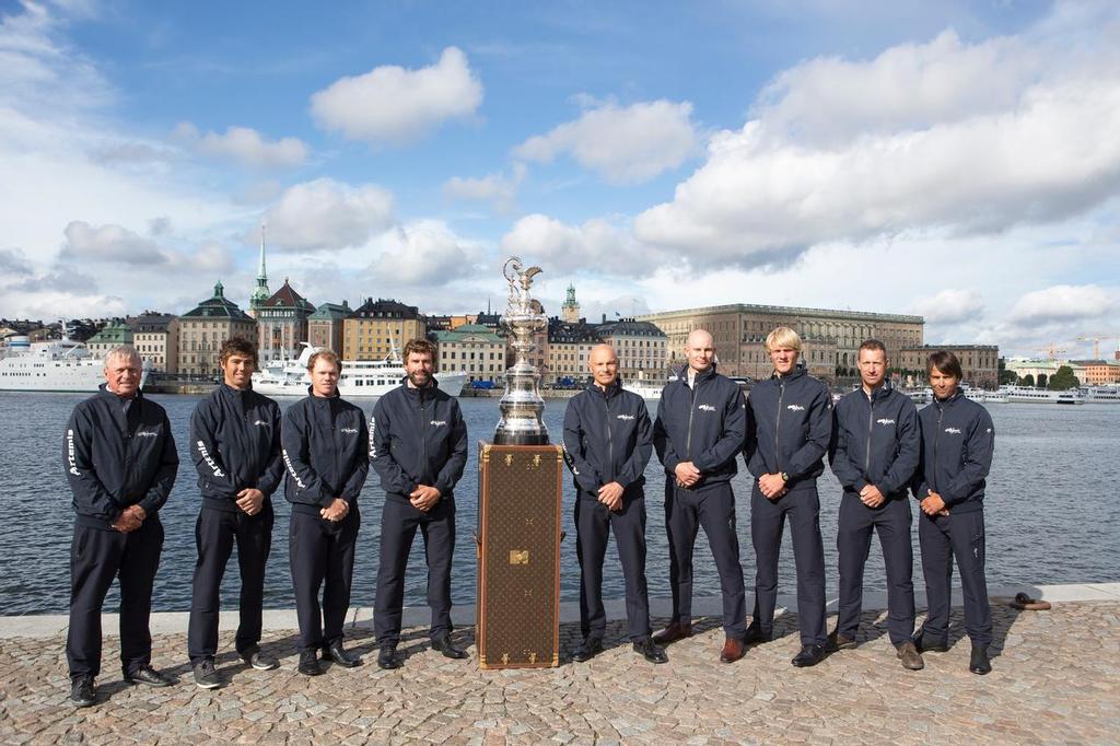 A talented group. Just the four sailors on the left of the trophy have five Olympic Gold medals to their credit. Freddy Loof and crew Max Salminen, to the right are also Olympic Gold medalists, giving Artemis Racing total of six Gold Medalists, and seven Gold Medals, as it announces its challenge for the 35th America’s Cup. Stockholm, Sweden © Sander van der Borch / Artemis Racing http://www.sandervanderborch.com