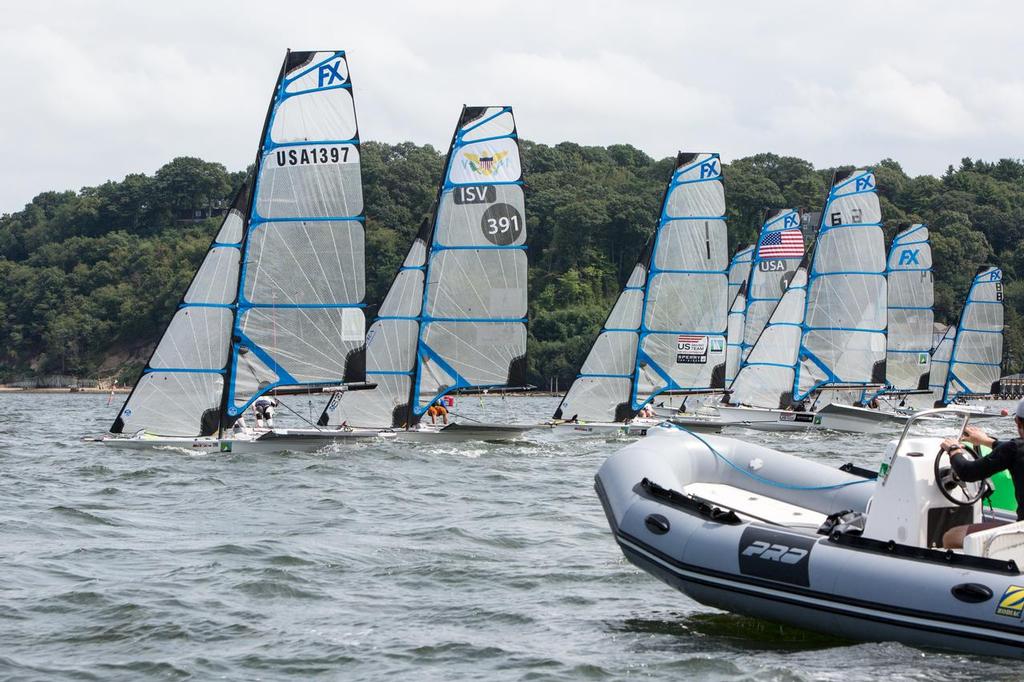 49er FXs soaring off the line after race 4 - 2014 49er, 49er FX, and Nacra 17 National Championship © David Hein