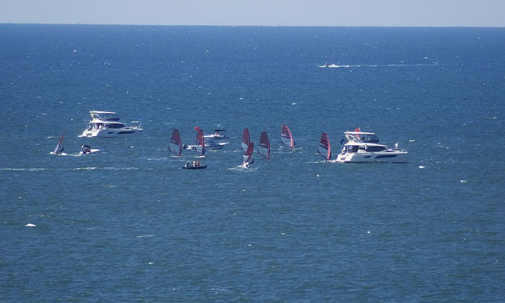 Race Committee at work on MarineMax 44-ft Aquila power catamarans – in sequence for medal races - 2014 RS:X Youth World Windsurfing Championship.   © Russ Hendrickson