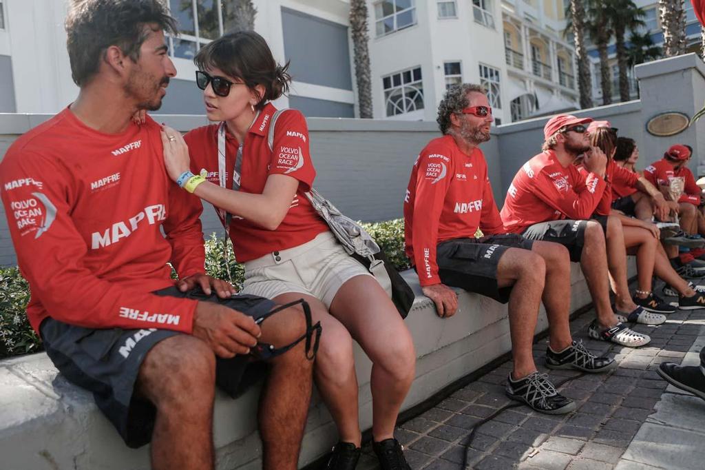 Volvo Ocean Race - November 7, 2014. Mapfre arrive in Cape Town in 7th place; Andre Fonseca, aka Bochecha, Michel Desjoyeaux and the rest of the crew are gutted to have missed out on 6th place but are pleased to see their loved ones. ©  Charlie Shoemaker / Volvo Ocean Race