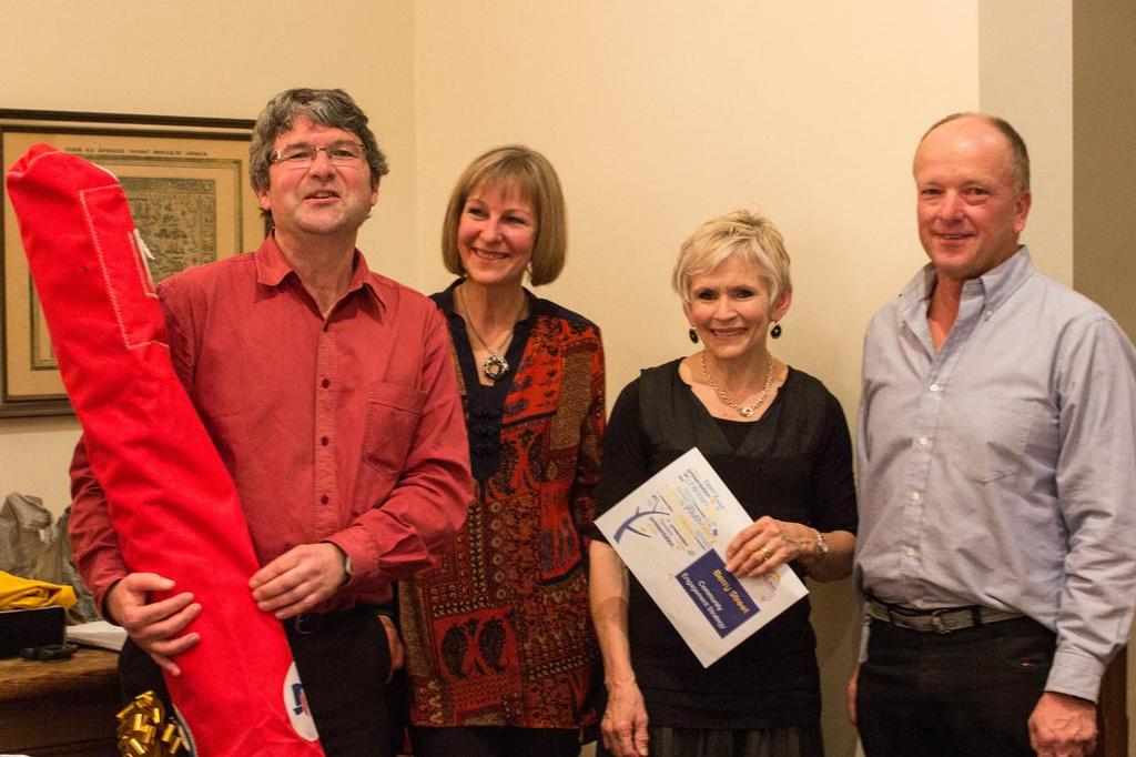 Chas and Lorraine Thompson receive their new Tasar jib from Pat Pedicini and Martyn Sly - Tasar Victoria Presentation 2014 © Darren Eger