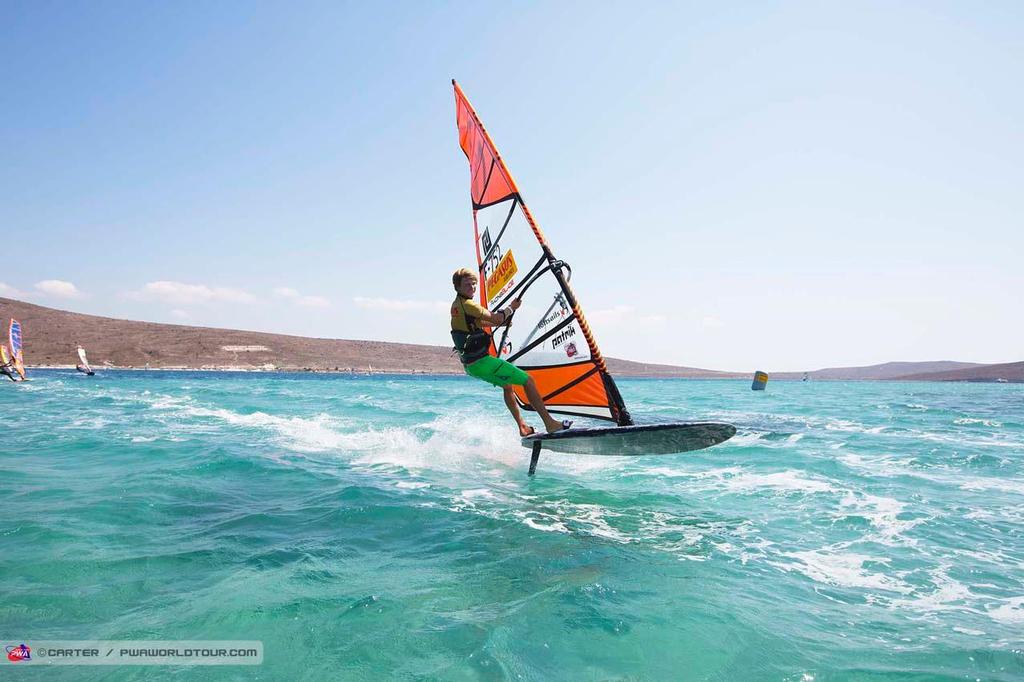 Alex Cousin on the Fin - 2014 PWA Alacati World Cup photo copyright  Carter/pwaworldtour.com http://www.pwaworldtour.com/ taken at  and featuring the  class