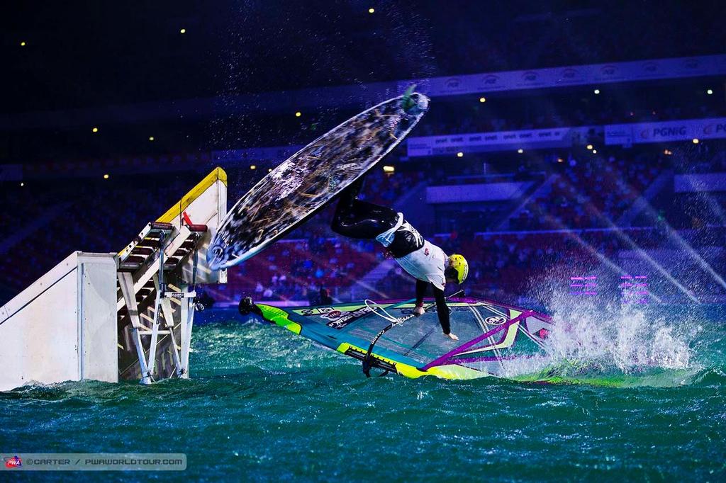 Arrianne Aukes crashes and burn - 2014 Warsaw Indoor PWA World Cup photo copyright  Carter/pwaworldtour.com http://www.pwaworldtour.com/ taken at  and featuring the  class