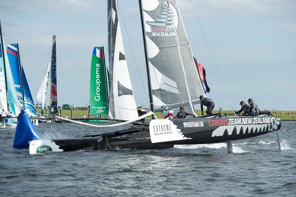 Emirates Team New Zealand leads race seven, day one of the Cardiff Extreme Sailing Series Regatta. 22/8/2014 photo copyright Chris Cameron/ETNZ http://www.chriscameron.co.nz taken at  and featuring the  class