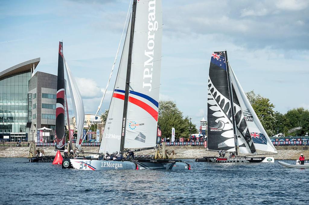 Emirates Team New Zealand wins race seven, day one of the Cardiff Extreme Sailing Series Regatta. 22/8/2014 photo copyright Chris Cameron/ETNZ http://www.chriscameron.co.nz taken at  and featuring the  class