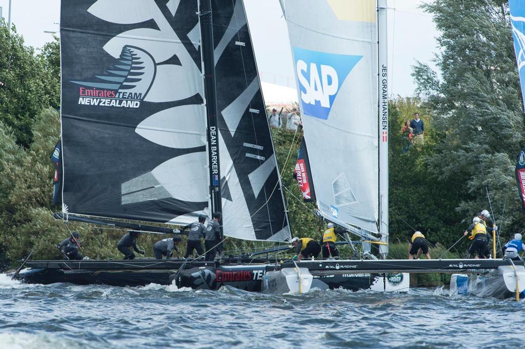 SAP crash into Emirates Team New Zealand after Alinghi snap off the port rudder. Race 5, day two of the Cardiff Extreme Sailing Series Regatta. 23/8/2014 photo copyright Chris Cameron/ETNZ http://www.chriscameron.co.nz taken at  and featuring the  class