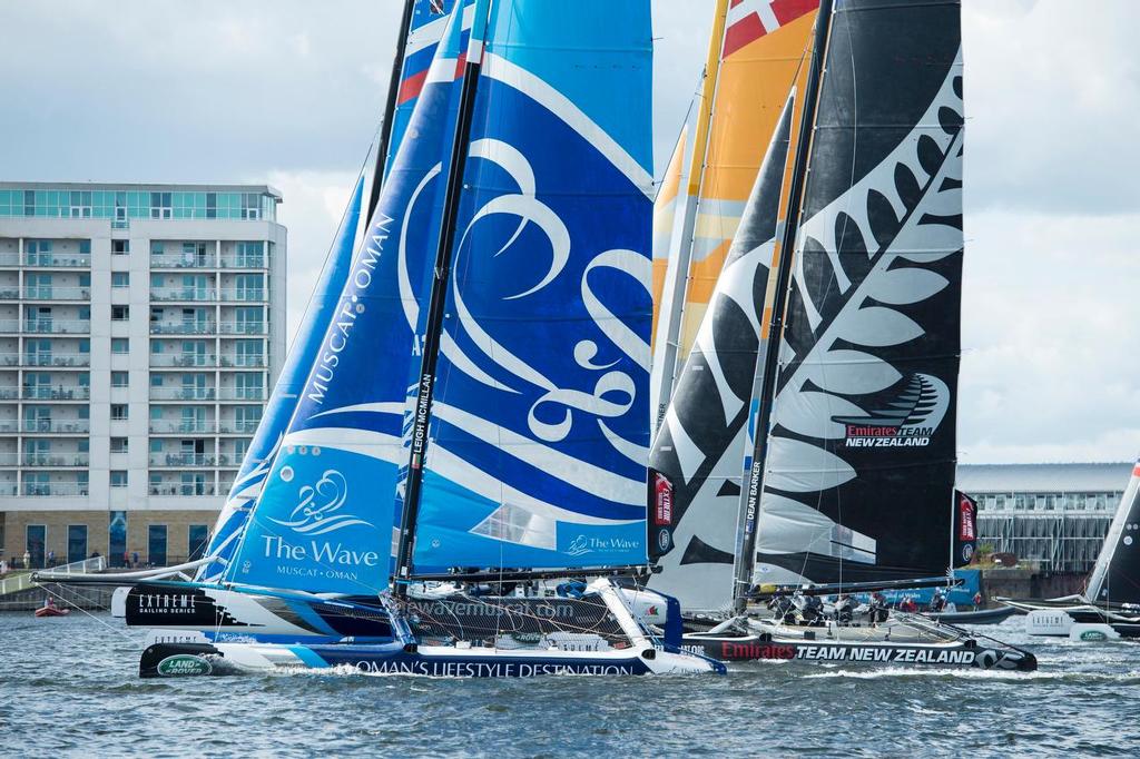 The Wave Muscat and Emirates Team New Zealand, day two of the Cardiff Extreme Sailing Series Regatta. 23/8/2014 photo copyright Chris Cameron/ETNZ http://www.chriscameron.co.nz taken at  and featuring the  class