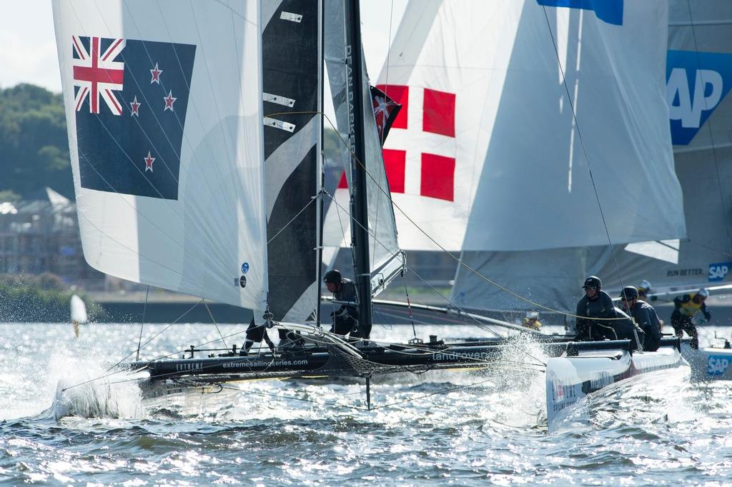 Emirates Team New Zealand port rudder  snapped off by Alinghi. Race 5, day two of the Cardiff Extreme Sailing Series Regatta. 23/8/2014 photo copyright Chris Cameron/ETNZ http://www.chriscameron.co.nz taken at  and featuring the  class