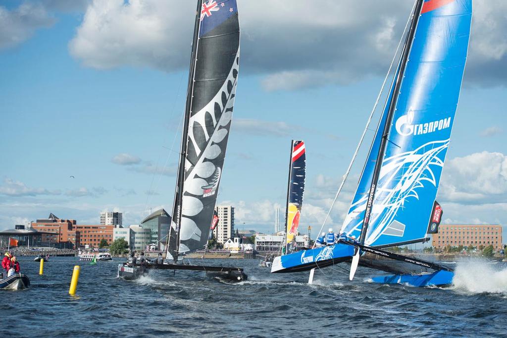 Emirates Team New Zealand and Gazprom Team Russia, day two of the Cardiff Extreme Sailing Series Regatta. 23/8/2014 © Chris Cameron/ETNZ http://www.chriscameron.co.nz