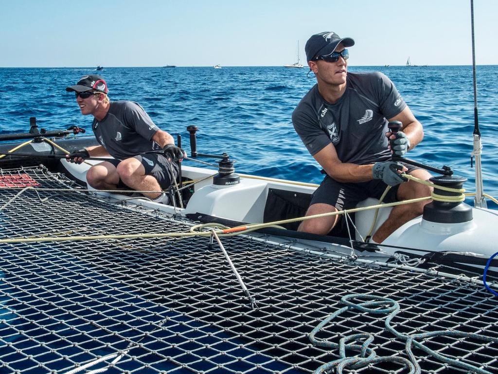 Emirates Team New Zealand skipper Peter Burling and trimmer Blair Tuke. Day two of the Extreme Sailing Series at Nice. 3/10/2014 © Chris Cameron/ETNZ http://www.chriscameron.co.nz