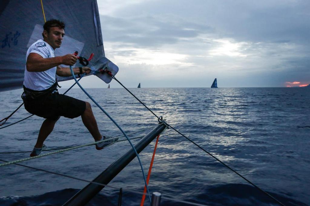 October 11, 2014. Eric Peron in action on the bow during Leg 1 onboard Dongfeng Race Team. © Yann Riou / Dongfeng Race Team