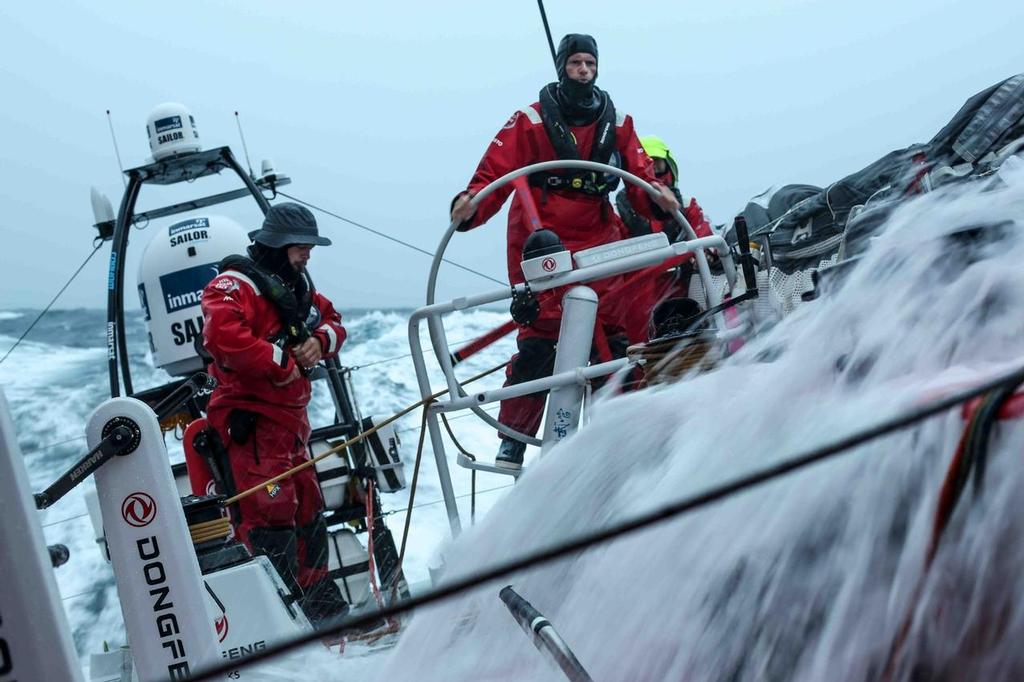 October 31, 2014. Leg 1 onboard Dongfeng Race Team. Kevin Escoffier and Thomas Rouxel on watch during the rough conditions in the South Atlantic. © Yann Riou / Dongfeng Race Team