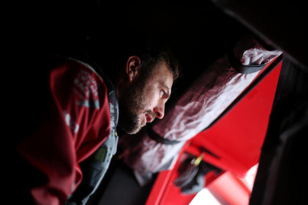 November 3, 2014. Leg 1 onboard Dongfeng Race Team. Eric Peron at the end of his watch. © Yann Riou / Dongfeng Race Team