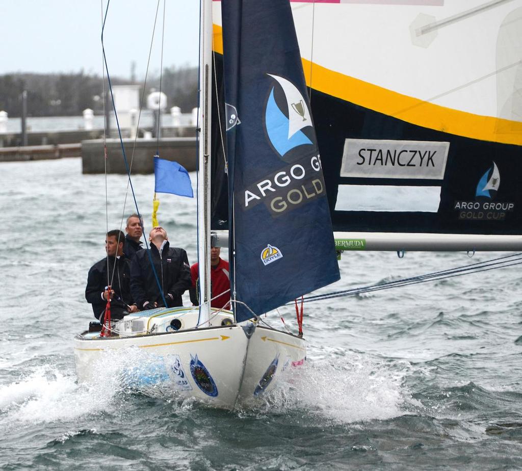 Injured crewman on the Polish team Lucas Steffeno (center rear) in racing in Group 2 Qualifying round-robin matches on Day 2 of the Argo Group Gold Cup, Stage 6 of the Alpari World Match Racing Tour. photo copyright Talbot Wilson taken at  and featuring the  class