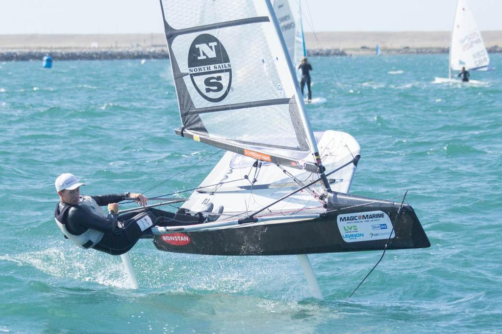 Paul Goodison sailing in the Bart's Bash race at the Andrew Simpson Sailing Centre, Weymouth, UK. © Jak Bennett