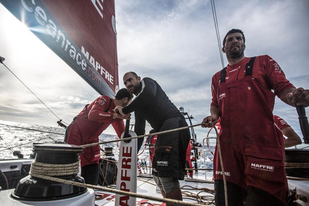 Carlos Hernandez, Xabi Fernandez and Anthony Marchand gybing during their watch. © Francisco Vignale/Mapfre/Volvo Ocean Race