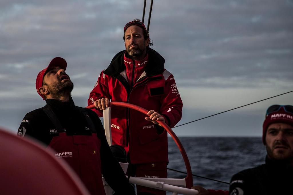 October 30, 2014. Leg 1 onboard MAPFRE. Iker Mart’nez and Xabi Fernandez gybing during sunset, making a gradual turn east towards Cape Town. photo copyright Francisco Vignale/Mapfre/Volvo Ocean Race taken at  and featuring the  class