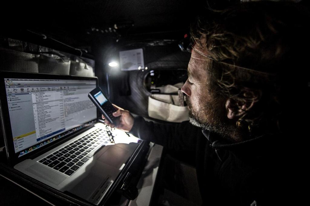 November 01, 2014. Leg 1 onboard MAPFRE. Emails, sat phone, Thanks Inmarsat! © Francisco Vignale/Mapfre/Volvo Ocean Race