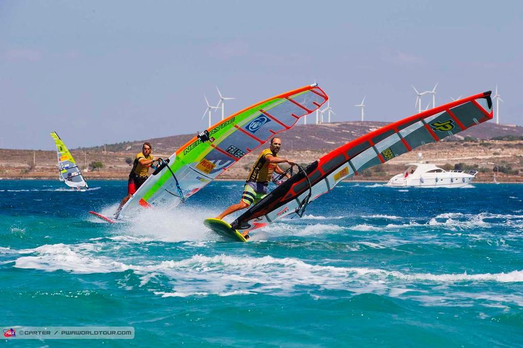 Micah holds off Albeau - 2014 PWA Alacati World Cup photo copyright  Carter/pwaworldtour.com http://www.pwaworldtour.com/ taken at  and featuring the  class