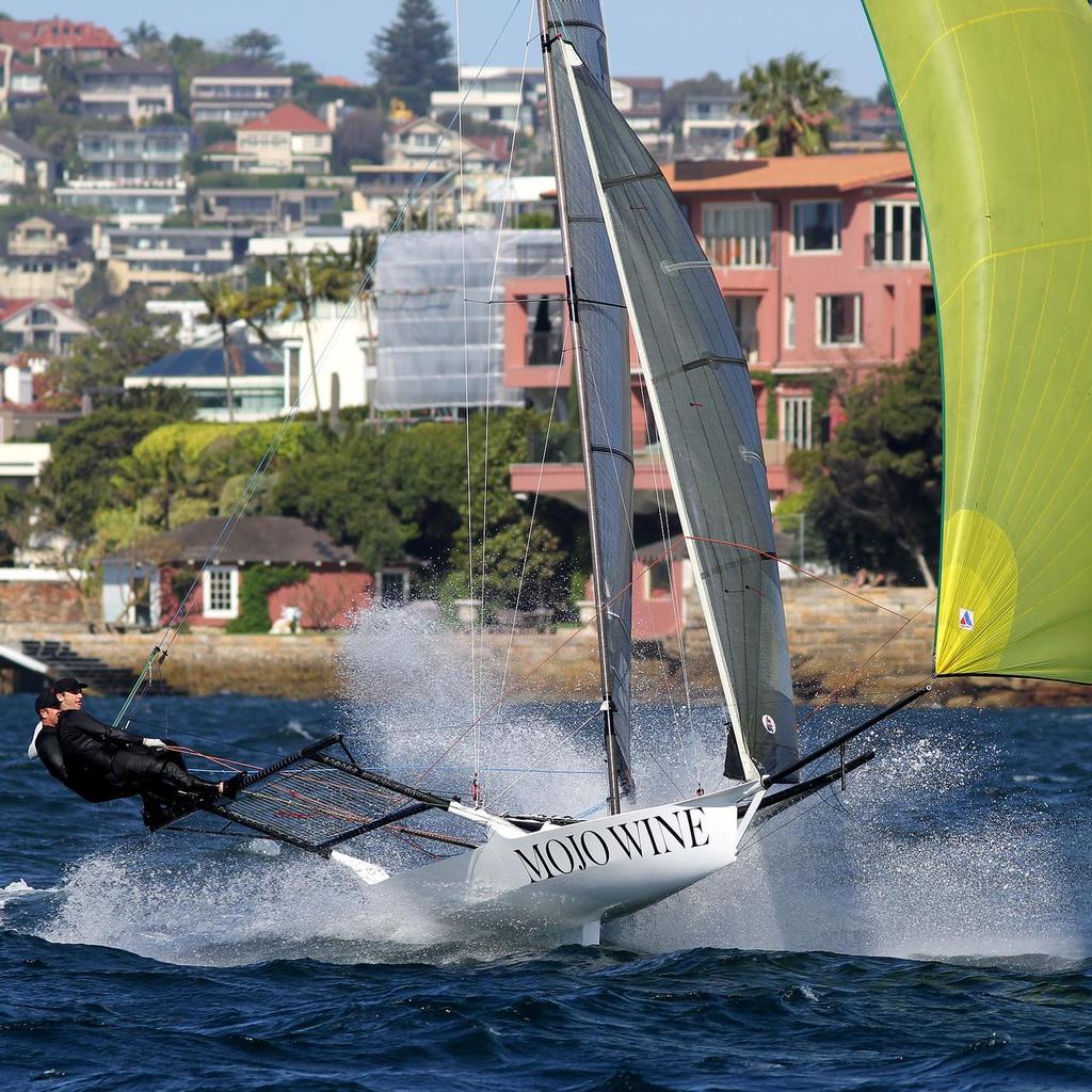 Mojo Wine produces a brilliant finishing burst after a slow start photo copyright Frank Quealey /Australian 18 Footers League http://www.18footers.com.au taken at  and featuring the  class