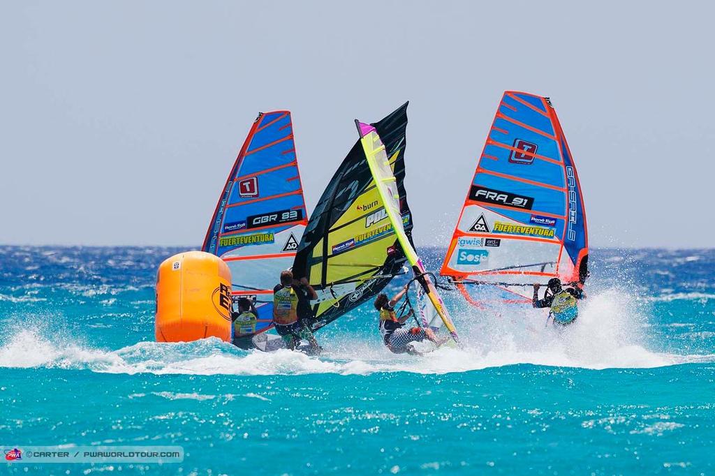 Mousilmani and Bordes collide - 2014 PWA Fuerteventura Grand Slam photo copyright  Carter/pwaworldtour.com http://www.pwaworldtour.com/ taken at  and featuring the  class