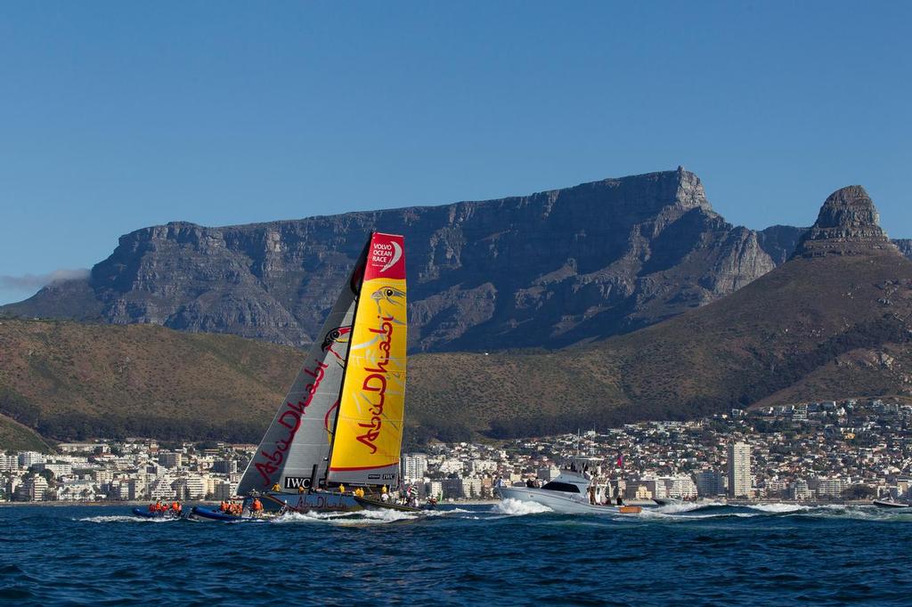 November 5, 2014. Abu Dhabi Ocean Racing crosses the finish line in Cape Town as the winners of Leg 1. &copy; Ian Roman/Volvo Ocean Race http://www.volvooceanrace.com