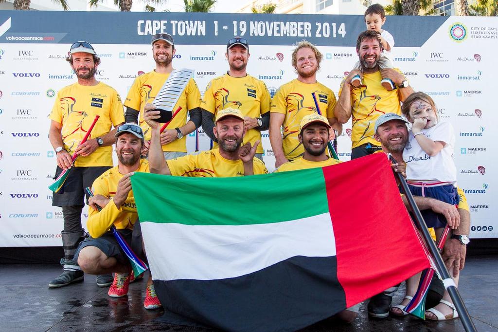 November 5, 2014. Abu Dhabi Ocean Racing celebrate on stage after crossing the finish line in Cape Town as the winners of Leg 1. &copy; Ian Roman/Volvo Ocean Race http://www.volvooceanrace.com
