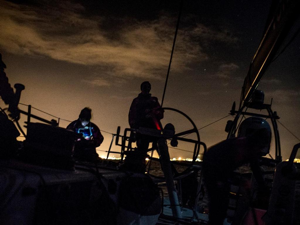 In the beginning ... October 13, 2014. Leg 1 onboard Team SCA. Team SCA sails through the Straits of Gibraltar around midnight leading the then seven boat fleet. © Corinna Halloran / Team SCA