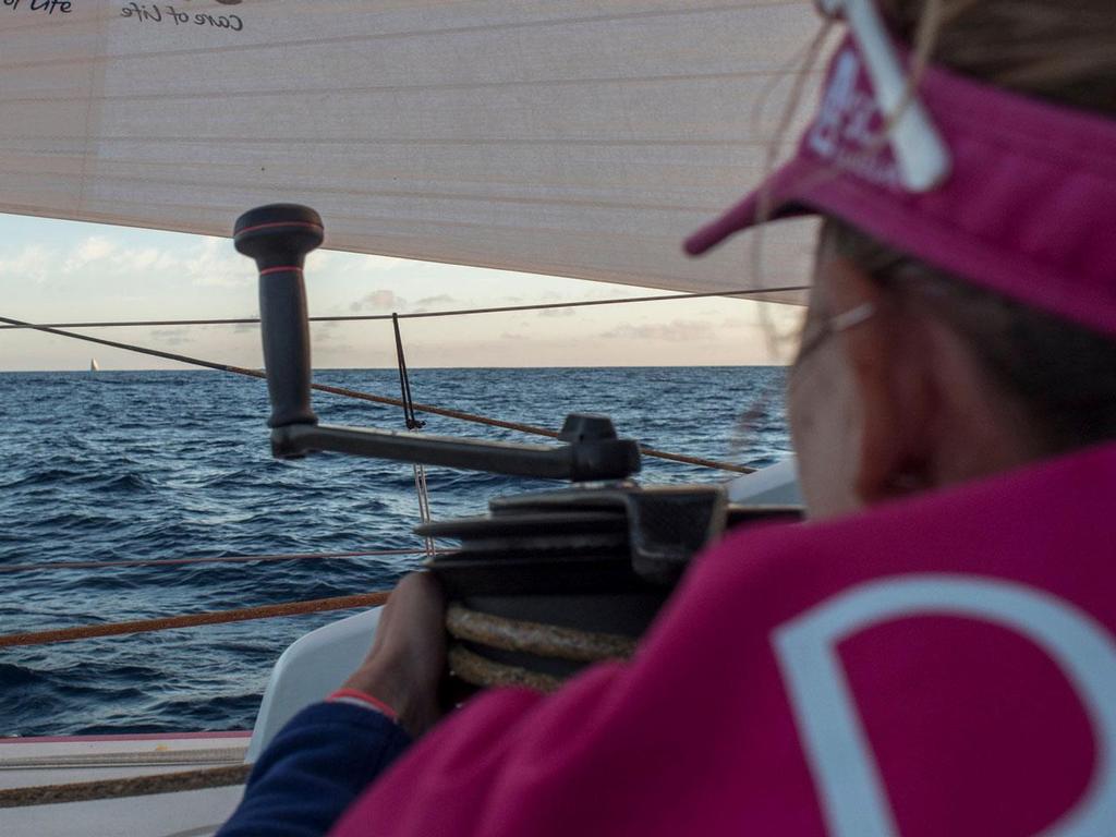 Leg 1 onboard Team SCA: Sam Davies watches Brunel to leeward of Team SCA. Right now, it's all about timing and tactics as we start to sail South West. © Corinna Halloran / Team SCA