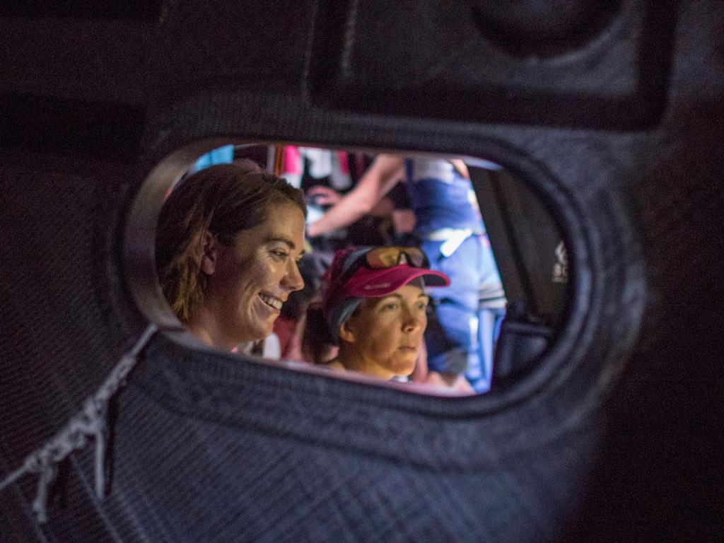 Sara Hastreiter laughs at an email from home. © Corinna Halloran / Team SCA