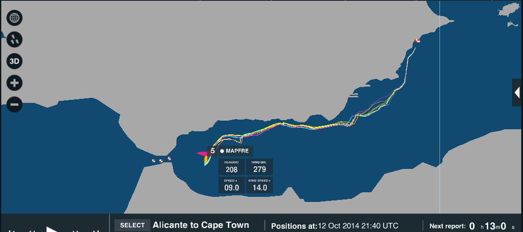 Volvo Ocean Race - Boat tracks from start of race at Alicante to Gibraltar, Day 1 and 2 photo copyright Virtual Eye/Volvo Ocean Race http://www.virtualeye.tv/ taken at  and featuring the  class