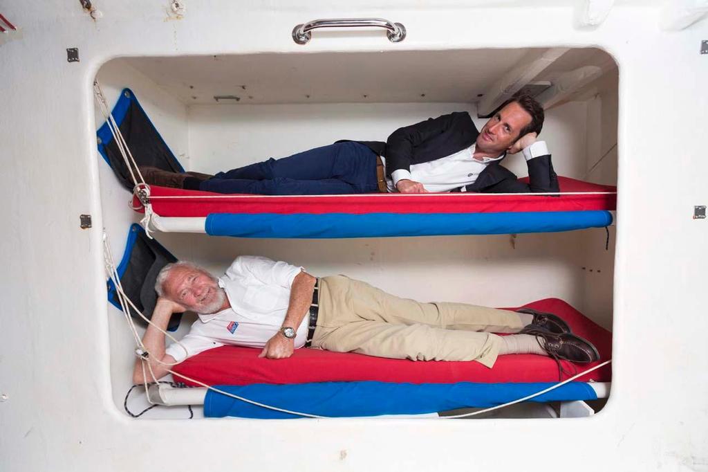 Sir Robin Knox-Johnston, Chairman of the Clipper Race and Sir Ben Ainslie, founding patron of the Andrew Simpson Sailing Foundation, demonstrate the living conditions of the Clipper 70 where the prize winner will spend up to one month whilst crossing the Pacific in the Clipper 2015-16 Round the World Yacht Race. photo copyright  Christopher Ison taken at  and featuring the  class