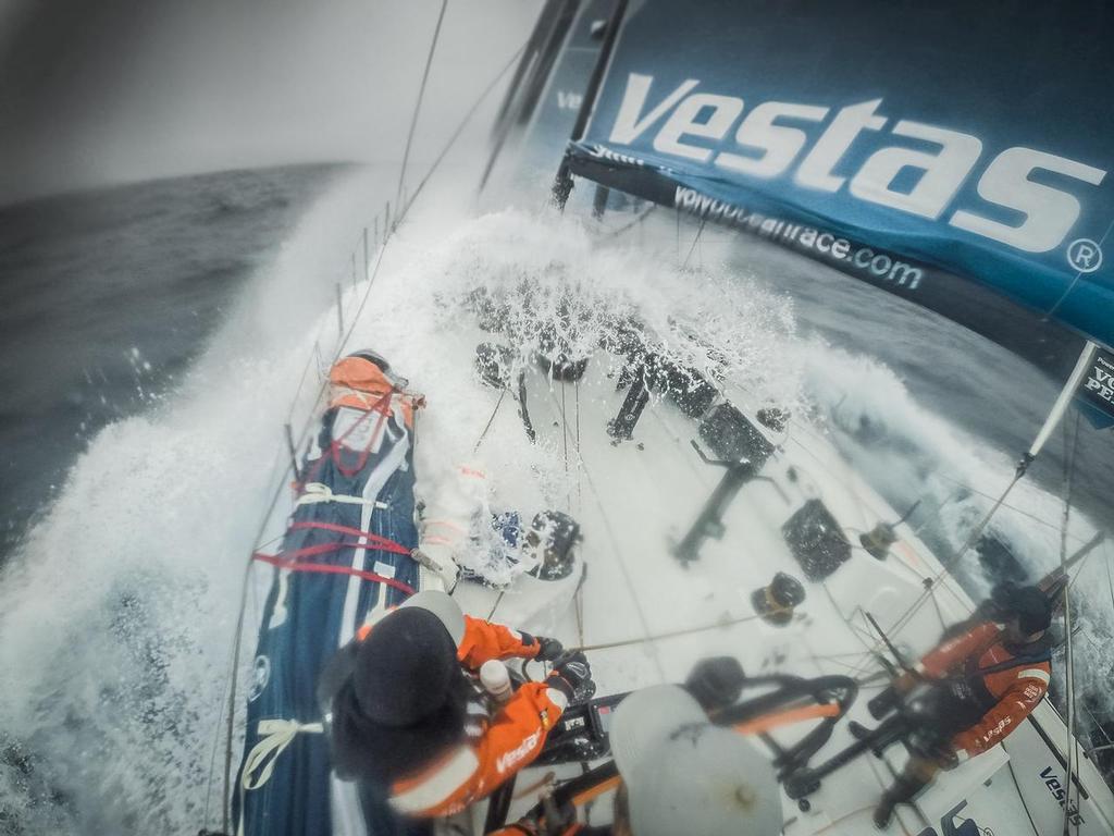 October 31, 2014. Leg 1 onboard Team Vestas Wind. Constant waves on deck, this is the Southern Ocean! Day 20 at Sea.<br />
 © Brian Carlin - Team Vestas Wind