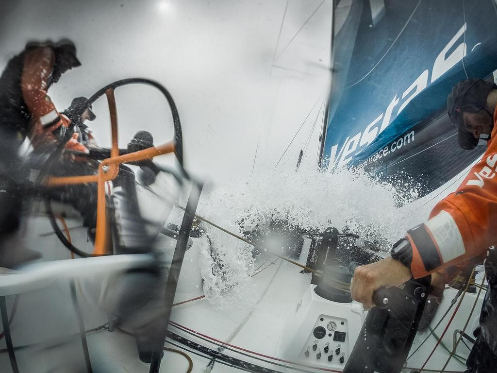 October 31, 2014. Leg 1 onboard Team Vestas Wind. Constant waves on deck, this is the Southern Ocean! Day 20 at Sea.<br />
 © Brian Carlin - Team Vestas Wind