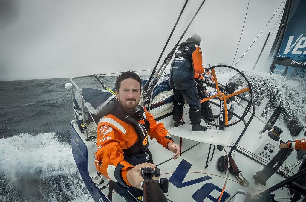 October 31, 2014. Leg 1 onboard Team Vestas Wind. OBR Brian Carlin takes a selfie while enjoying the fast and furious action. Day 20 at Sea.<br />
 © Brian Carlin - Team Vestas Wind