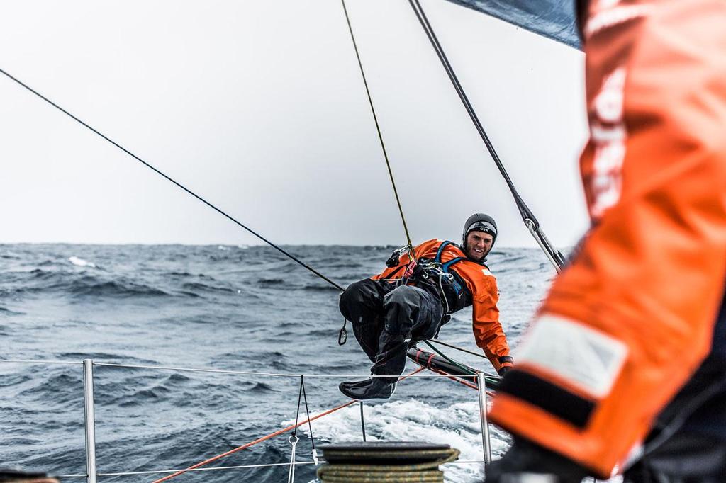 Volvo Ocean Race - November 2, 2014. Leg 1 onboard Team Vestas Wind. Tom Johnson swings to the end of the A3 for a peel. Day 22 at Sea. © Brian Carlin - Team Vestas Wind