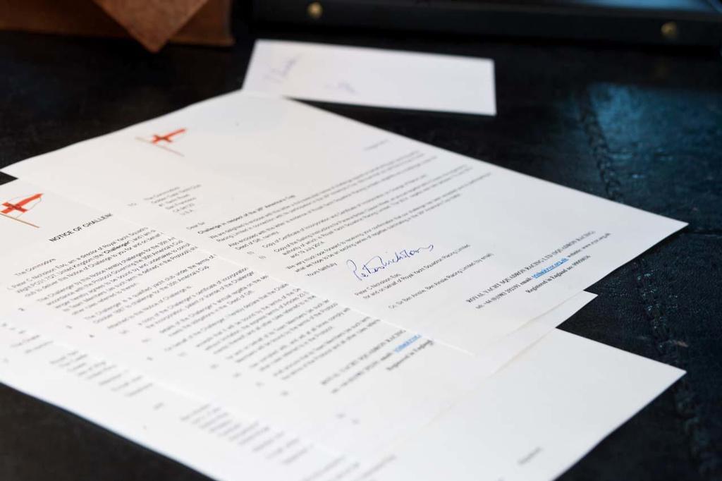 The signed RYSR America's Cup Notice of Challenge. © Jessica Dobbs